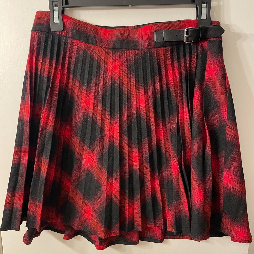 Mango Red and Black Plaid School Girl Mini Skirt